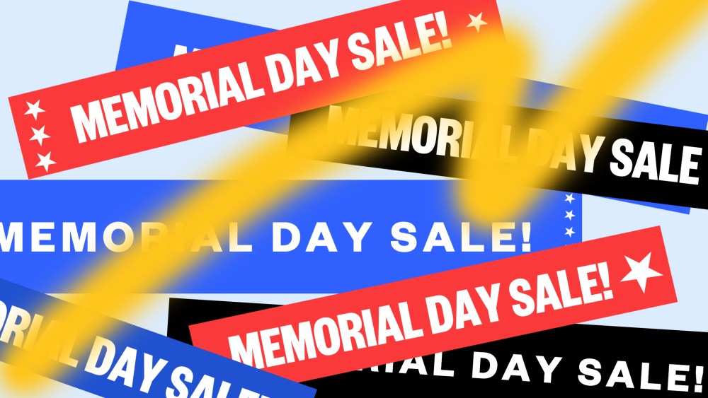 Illustration: Overlapping banners for Memorial Day Sale sprayed over by paint.