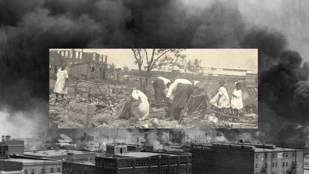 Photo illustration: Image of people searching through rubble after the Tulsa Race Massacre over an image of black smoke coming from the fire during the massacre.