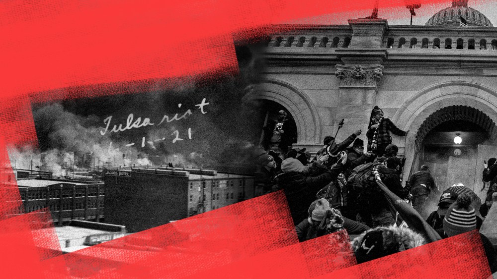 Photo illustration: Red paint over images of smoke billowing from fires during the Tulsa Race Massacre of 1921 and of rioters storming into the Capitol on January 06 2021.