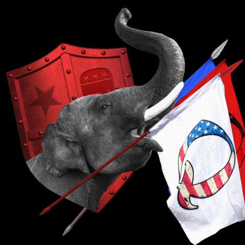 Photo illustration: An elephant holding a flag with QAnon symbol and a shield with the Republican party logo.