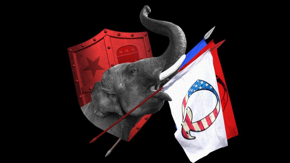 Photo illustration: An elephant holding a flag with QAnon symbol and a shield with the Republican party logo.