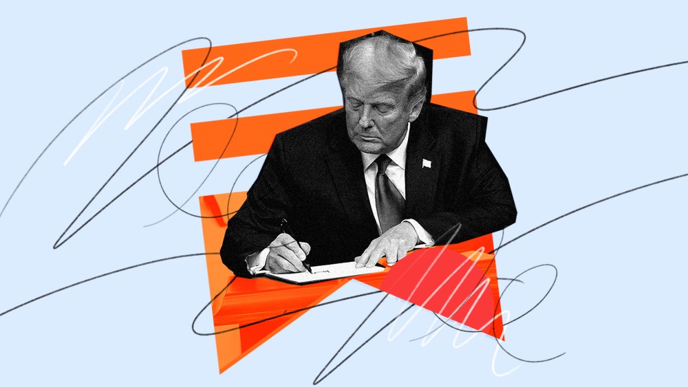 Photo illustration: Former President Donal Trump writing surrounded with scribbles and the Substack logo in the background.