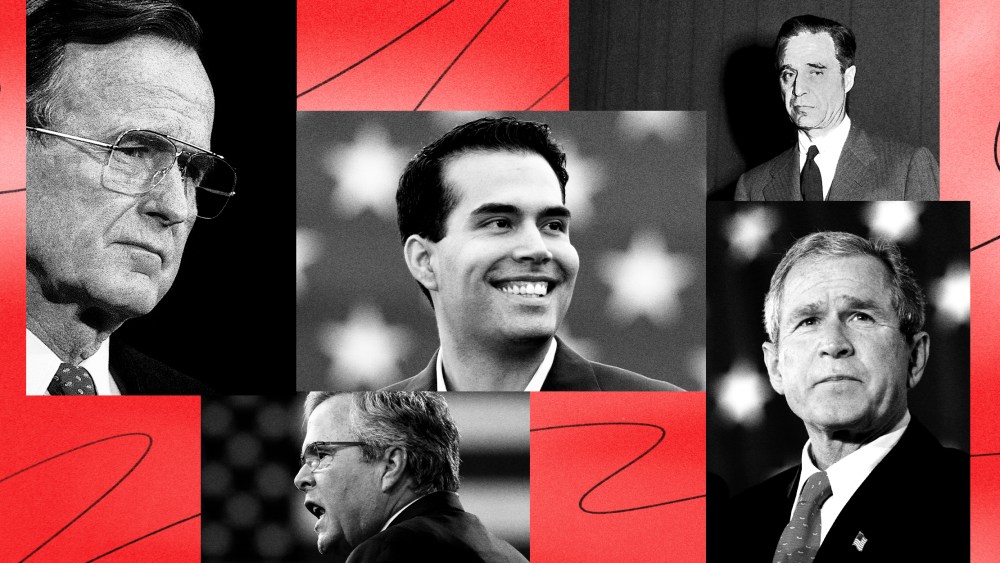 Illustration shows members of the Bush family, including former Presidents George H. W. Bush and George W. Bush, former Florida Governor Jeb Bush, politician George Prescott Bush, and former Senator Prescott Bush.