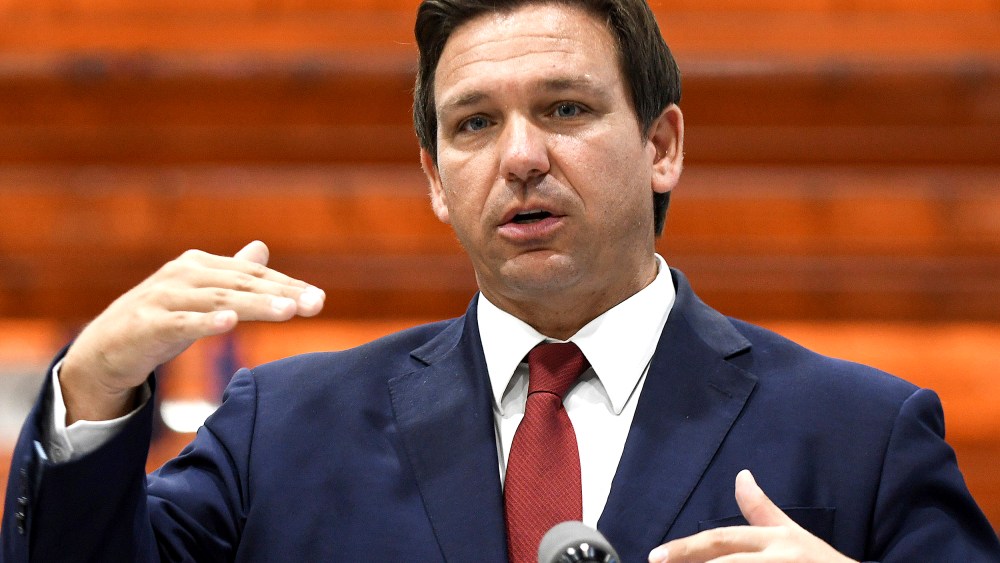Florida Gov. Ron DeSantis speaks at a press conference at LifeScience Logistics on May 28, 2021 in Lakeland, Fla.