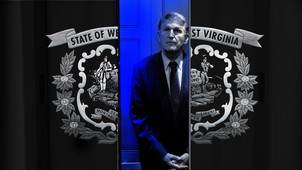 Photo illustration: Senator Joe Manchin stands in an elevator whose doors have the engraving of the West Viriginia state flag.