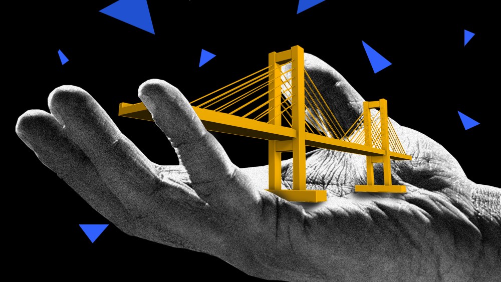 Photo illustration: A hand holding out a miniature model of a bridge.