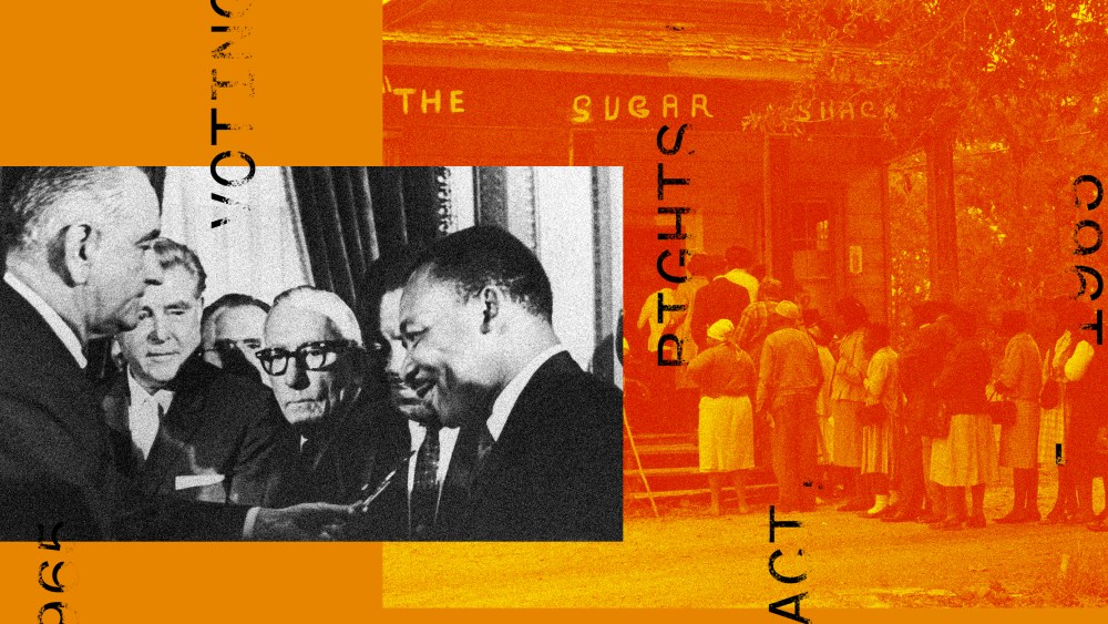 Photo collage: US President Lyndon B Johnson hands a pen to civil rights leader Reverend Martin Luther King Jr during the the signing of the Voting Rights Act, 1965;  A group of voters lining up outside the polling station in Alabama, 1966.