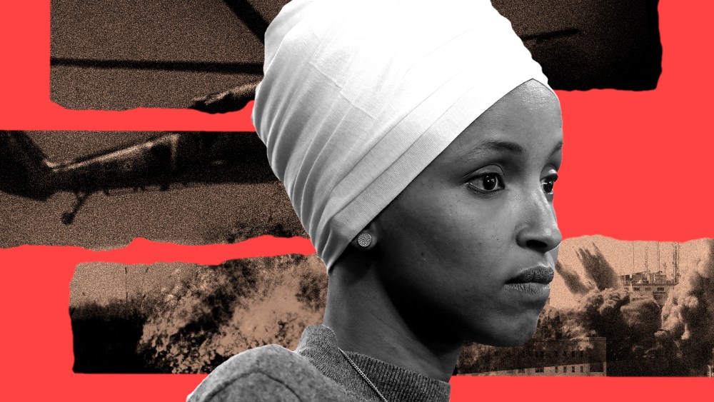 Photo illustration: Image of Representative Ilhan Omar against strips showing images of war and destruction.