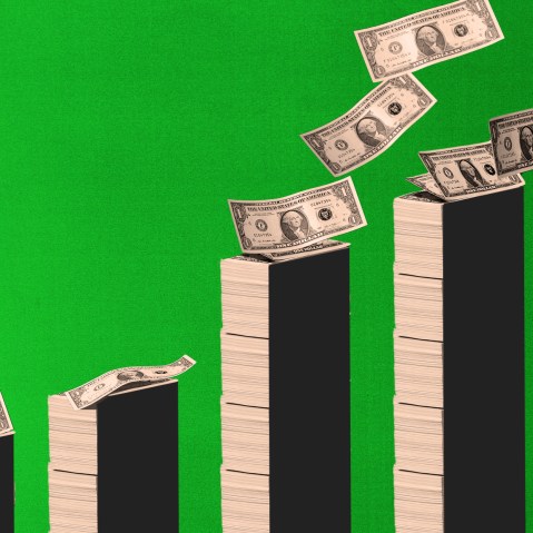 Photo illustration: Stacks of money increasing in height.