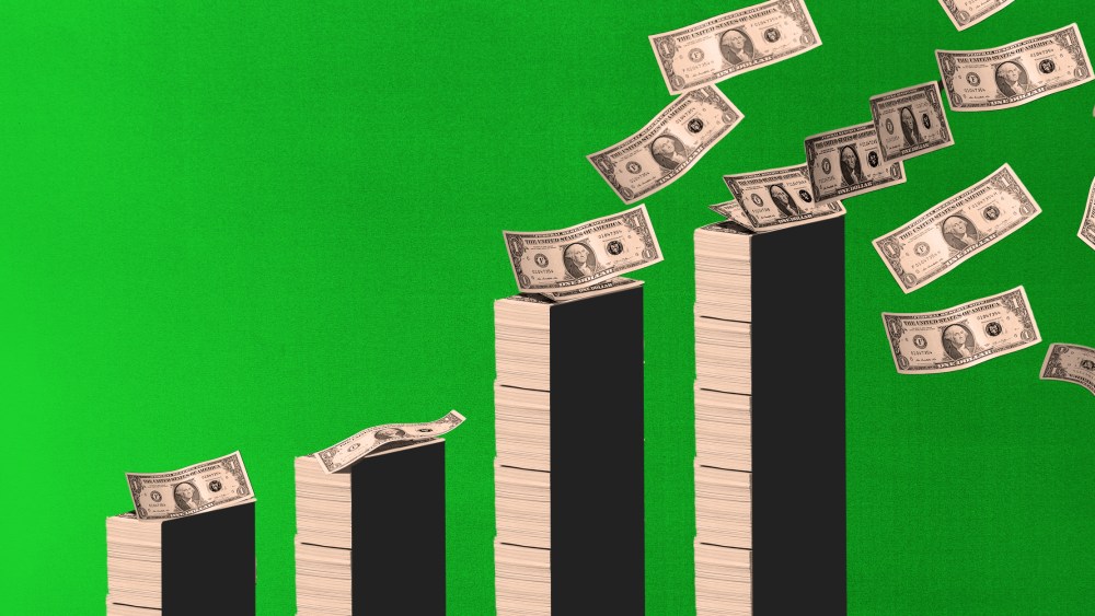 Photo illustration: Stacks of money increasing in height.