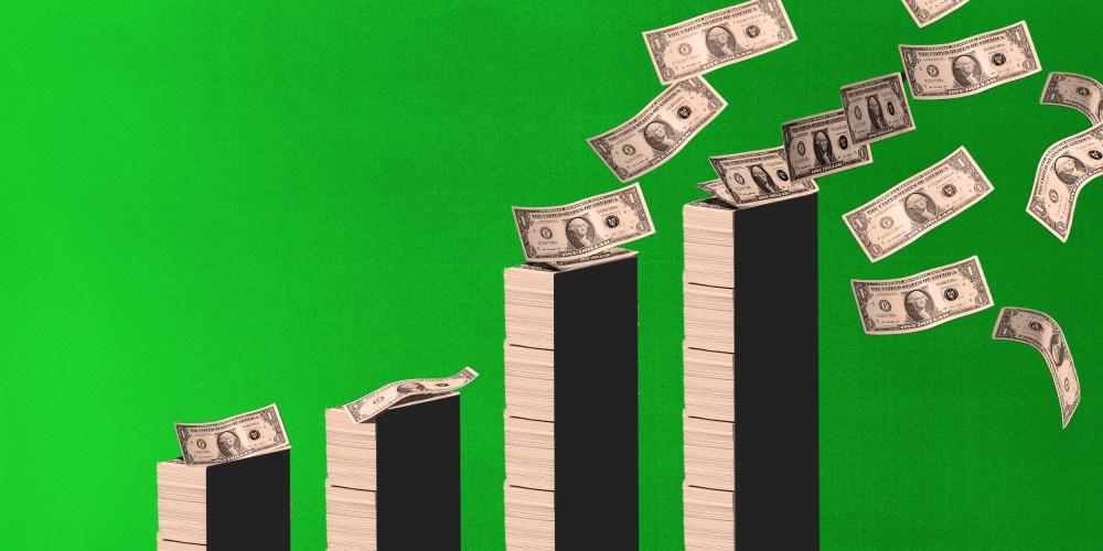 Photo illustration: Stacks of money increasing in height.