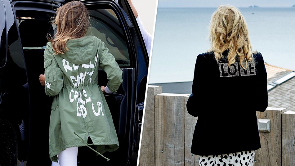 Then-First Lady Melania Trump on June 21, 2018 at Joint Base Andrews, Md., and First Lady Jill Biden, at Carbis Bay, in Cornwall, England on June 10, 2021.