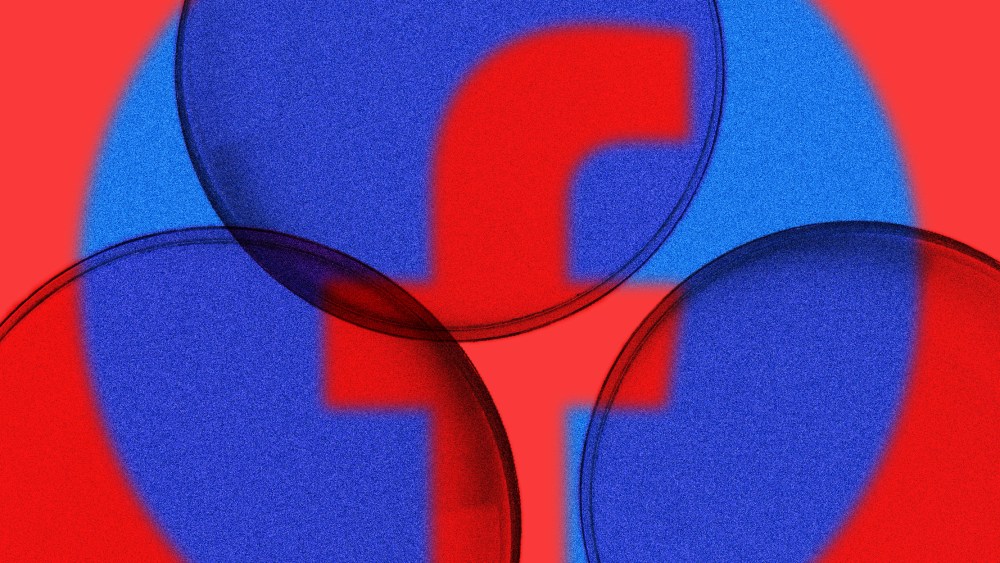 Photo illustration: Multiple magnifying lenses overlap each other and a facebook logo.