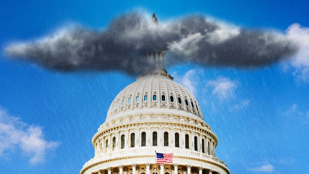 Photo illustration of a dark, stormy rain cloud over the Capitol in Washington.