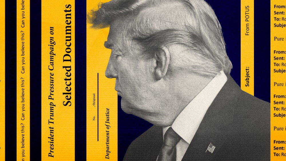 Illustration of former President Donald Trump and snippets of emails his administration sent to the DOJ.