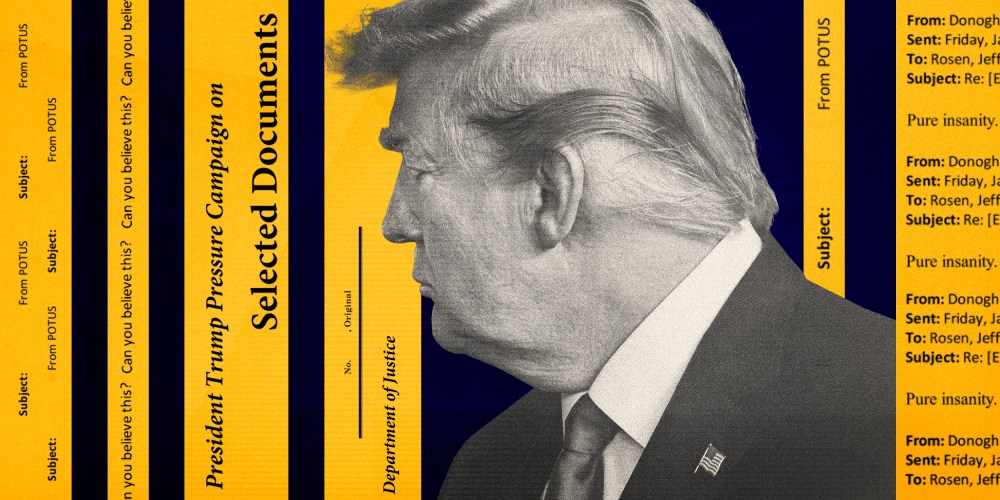 Illustration of former President Donald Trump and snippets of emails his administration sent to the DOJ.