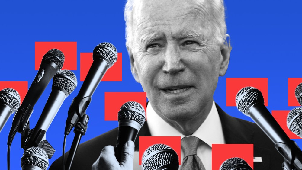 Photo illustration: Red squares between microphones and President Joseph Biden.