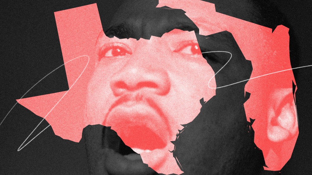 Photo illustration: Image of Martin Luther King Jr. shown through the state outlines of Texas and Florida.