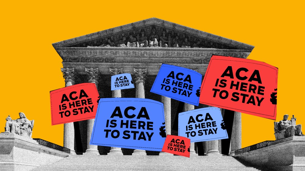 Photo illustration: Seven boards coming out of the Supreme Court building read as,"ACA is here to stay".