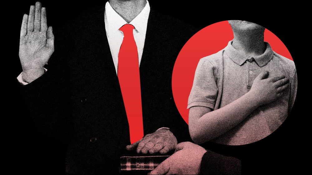 Photo illustration: An adult and a child taking oaths.
