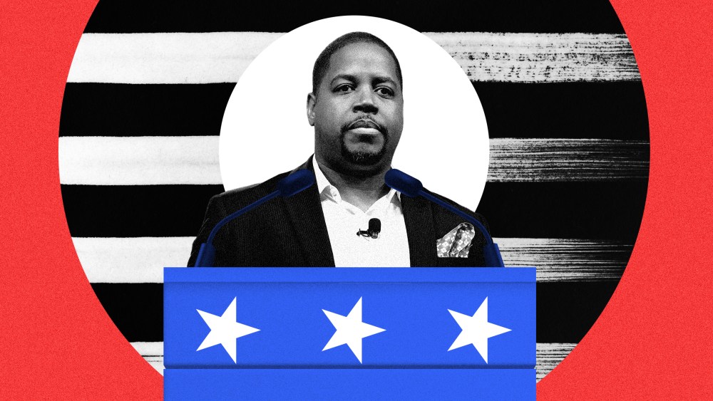 Photo illustration: Dr. Chris Jones behind a blue podium.
