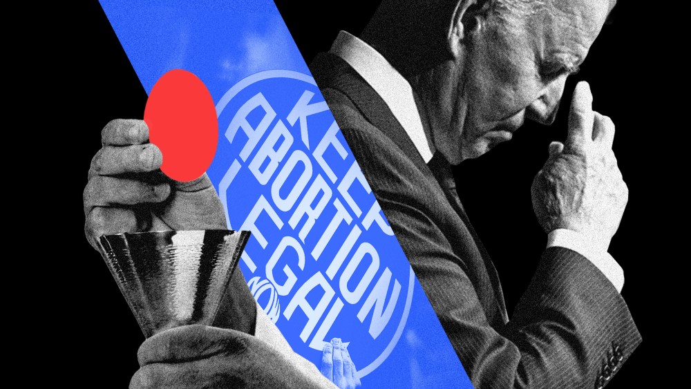 Photo illustration: A sign with the text,"Keep abortion legal" between images of a priest's hand offering communion and President Joe Biden praying.