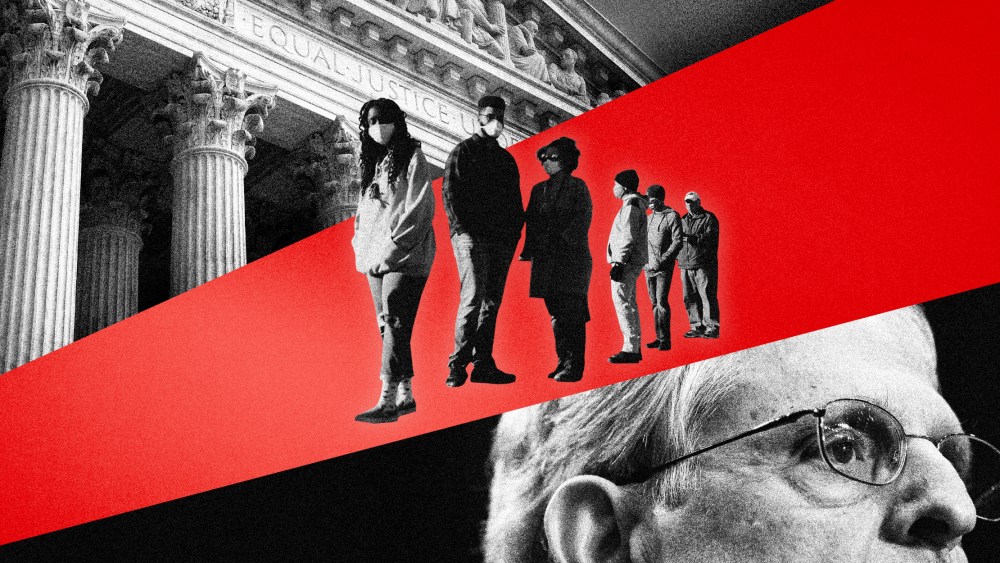 Illustration of the Supreme Court, voters waiting in line to cast ballots in 2020, and Attorney General Merrick Garland.