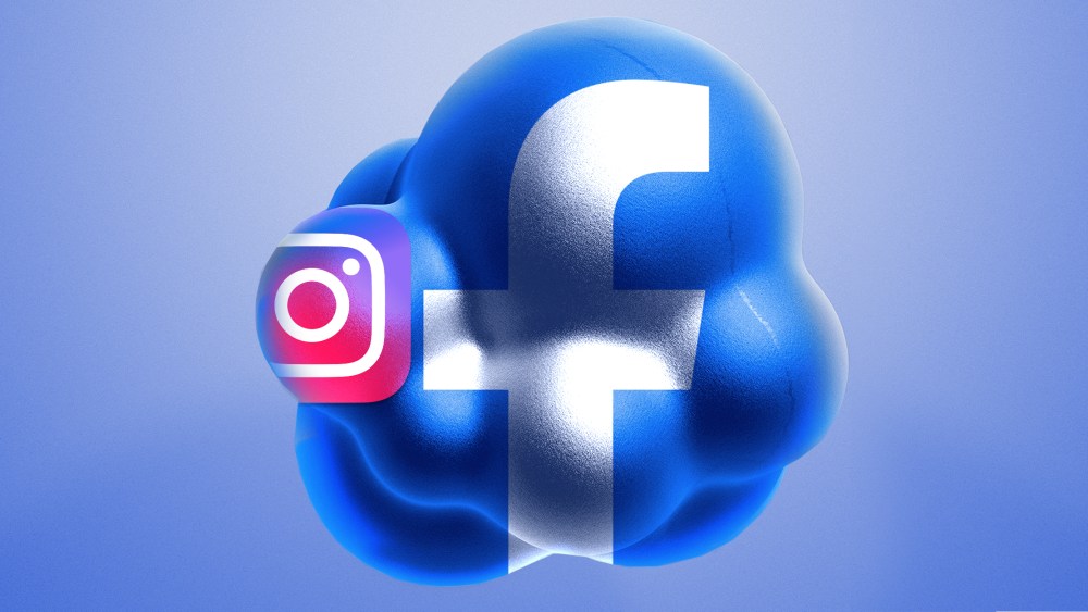 Photo illustration: A giant sphere that has the Facebook logo is made up of smaller spheres and one of them has the Instagram logo.