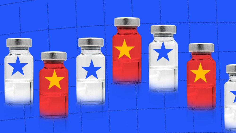 Photo illustration: Red and white medicine vials over a grid.