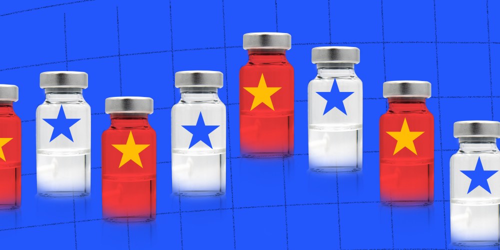 Photo illustration: Red and white medicine vials over a grid.