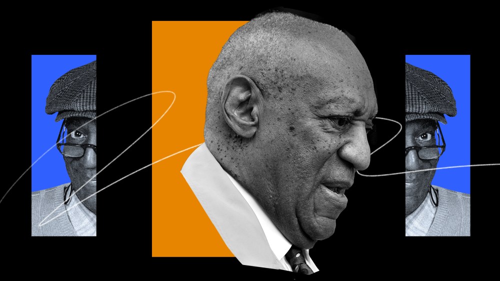 Photo illustration: Two halves of an archival image of Bill Cosby on either side of a current image of him.