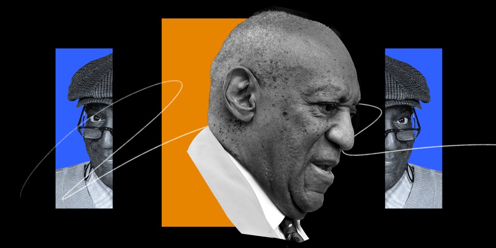 Photo illustration: Two halves of an archival image of Bill Cosby on either side of a current image of him.