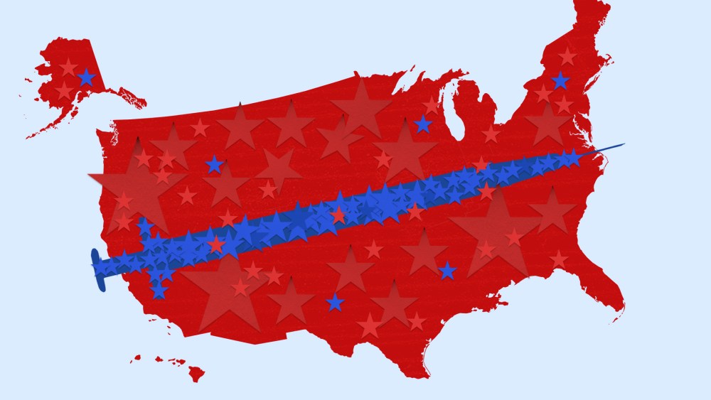 Illustration: Red stars form the shape of the United States of America and blue stars form a vaccine over it.