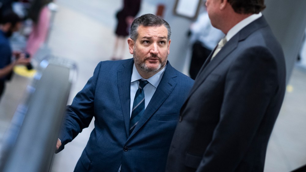 Sens. Ted Cruz, R-Texas, left, and Bill Hagerty, R-Tenn., are seen in the senate subway during a vote in the Capitol on June 10, 2021.