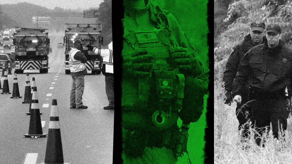 Photo collage: Image of traffic on Interstate 95, close-up of military gear and image of police working.