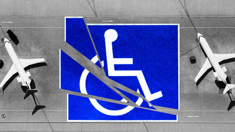 Photo illustration: Aerial view of airplanes on the tarmac on either sides of a Disabled signage that is broken.