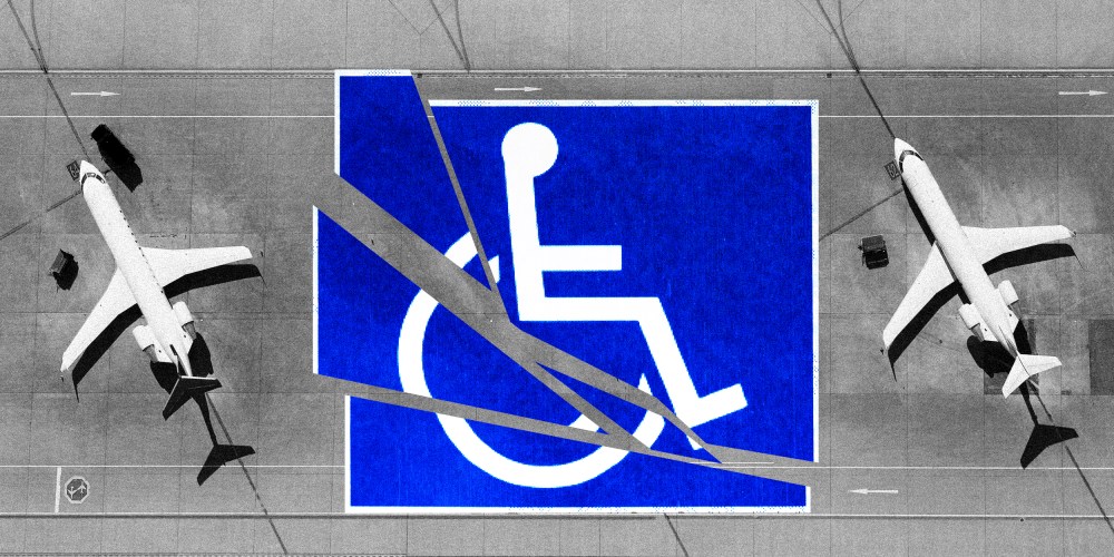 Photo illustration: Aerial view of airplanes on the tarmac on either sides of a Disabled signage that is broken.