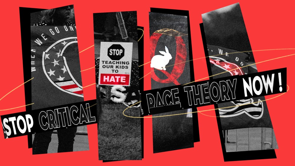 Photo collage: Images of QAnon supporters holding its flag and signs that read,"Stop Critical Race Theory Now!" and "Stop teaching our kids to hate".