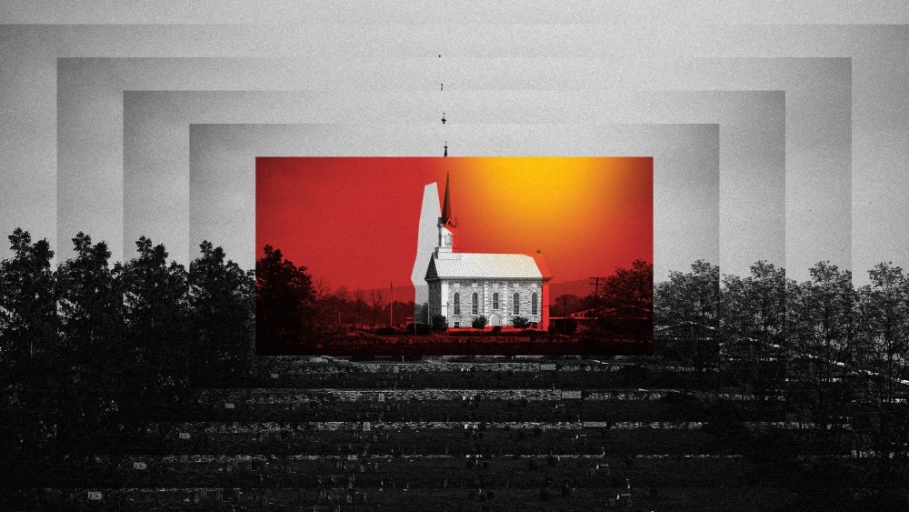 Illustration of a photo of an Evangelical Church in Pennsylvania becoming smaller and outlined in red.