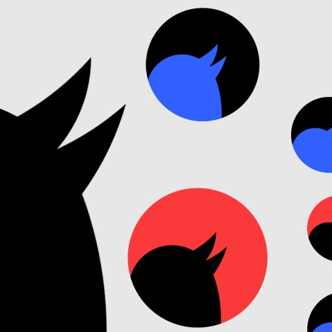 Illustration: Fragment of the Twitter logo repeated in blue, red and black colors.