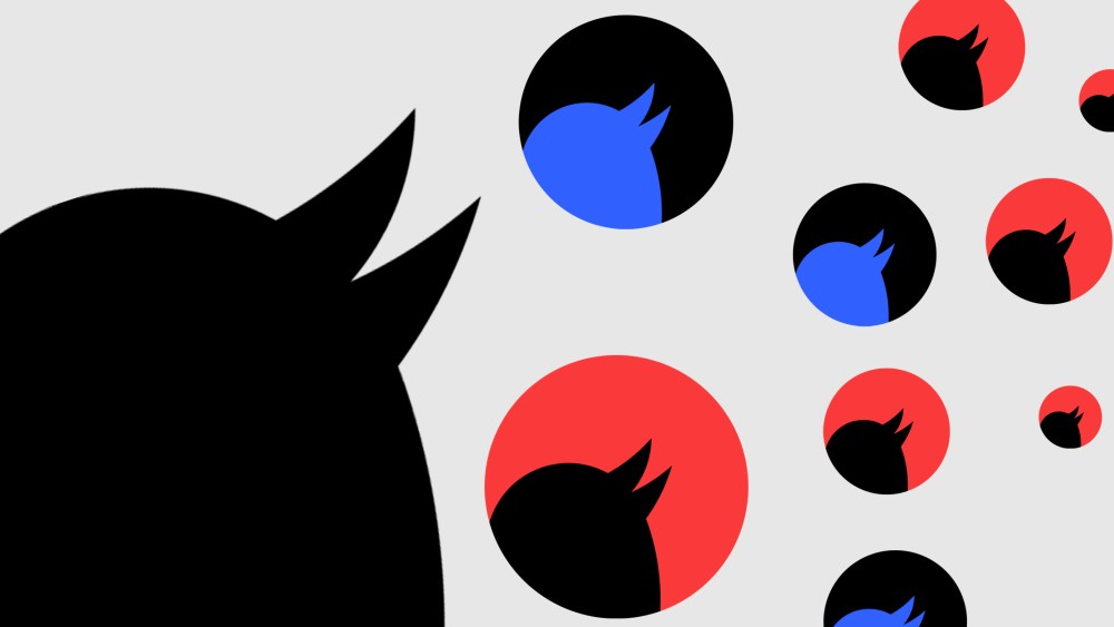Illustration: Fragment of the Twitter logo repeated in blue, red and black colors.