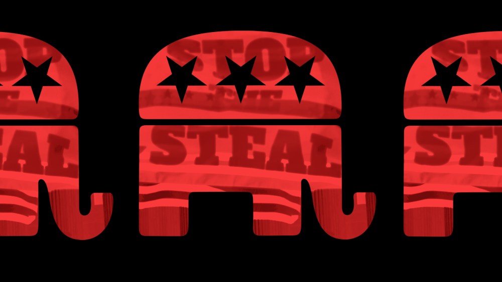 Photo illustration: Three Republican Party elephants with the image of a flag that reads,"Stop the Steal".