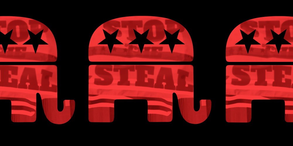 Photo illustration: Three Republican Party elephants with the image of a flag that reads,"Stop the Steal".