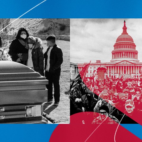 Illustration showing photos of a funeral for a Covid-19 victim and the riot at the Capitol in Washington on Jan. 6, 2021.
