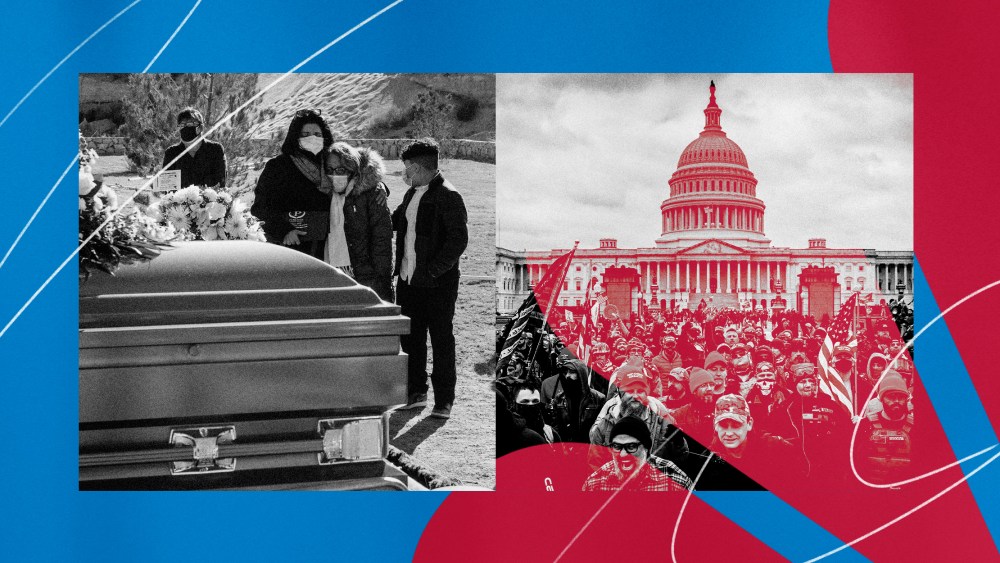 Illustration showing photos of a funeral for a Covid-19 victim and the riot at the Capitol in Washington on Jan. 6, 2021.