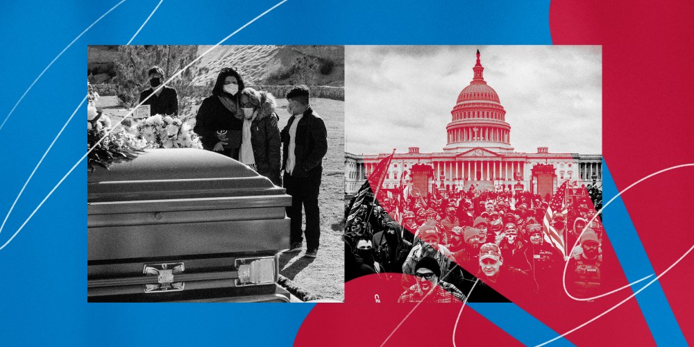 Illustration showing photos of a funeral for a Covid-19 victim and the riot at the Capitol in Washington on Jan. 6, 2021.