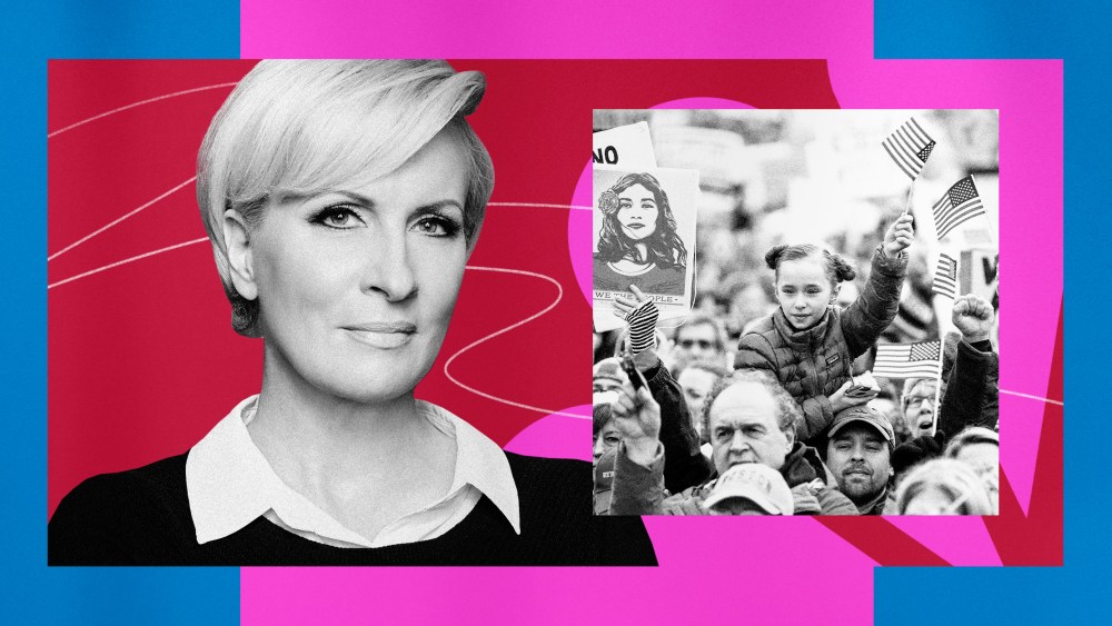 Illustration of MSNBC host Mika Brzezinski and a photo from the Women's March.