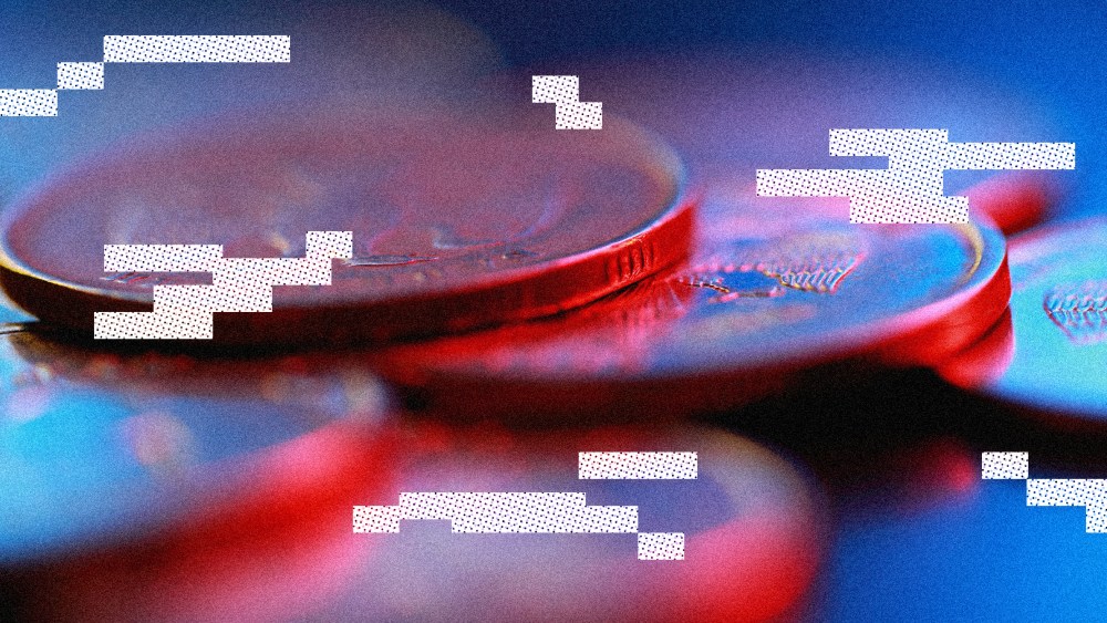 Photo illustration: Image of Russian rubles with white glitches over it.