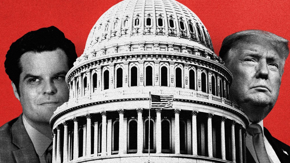 Illustration of the Capitol, former President Donald Trump and Rep. Matt Gaetz.