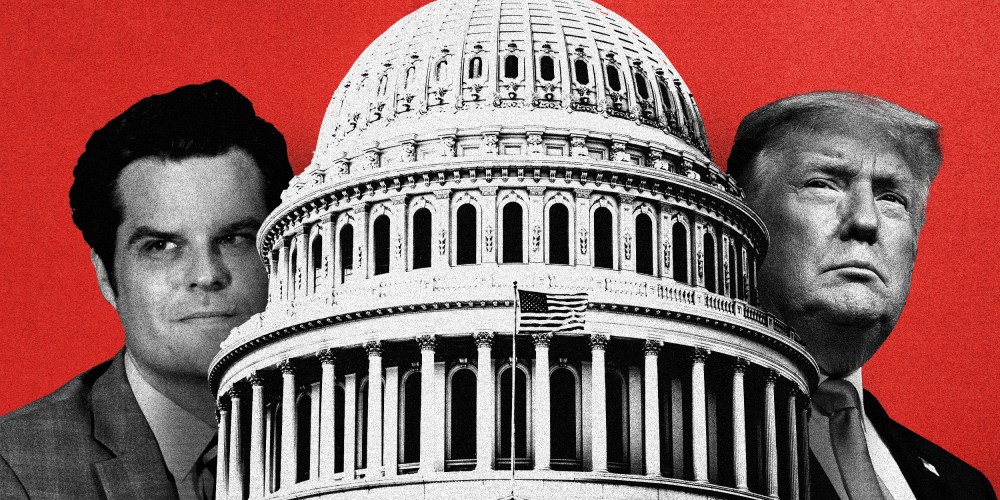 Illustration of the Capitol, former President Donald Trump and Rep. Matt Gaetz.